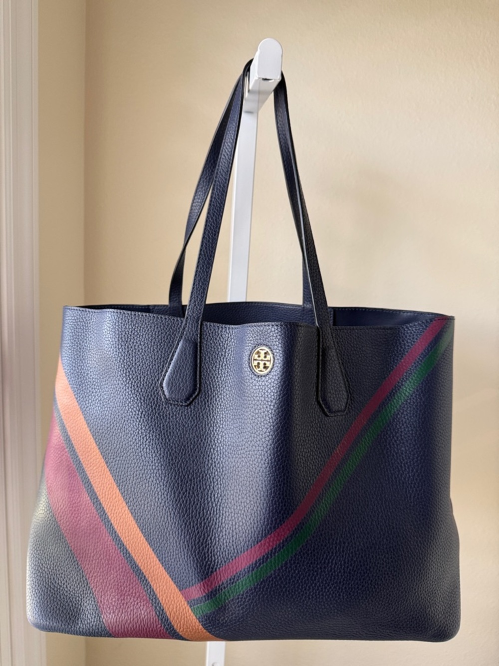Tory Burch Navy Pebbled Leather Tote with Multi-Stripe Accent